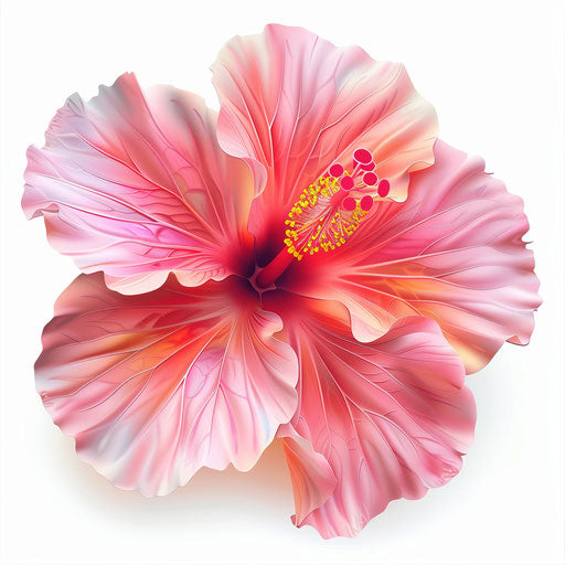 Realistic hibiscus clipart on flat white background, bright colors and high detail