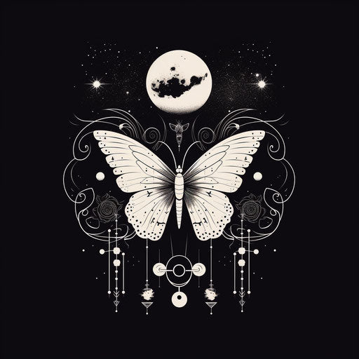Lunar butterfly with planets in monochromatic style