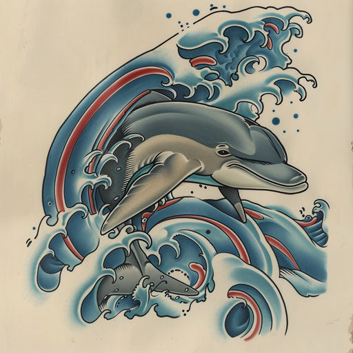 Traditional Japanese style dolphin tattoo with waves on white