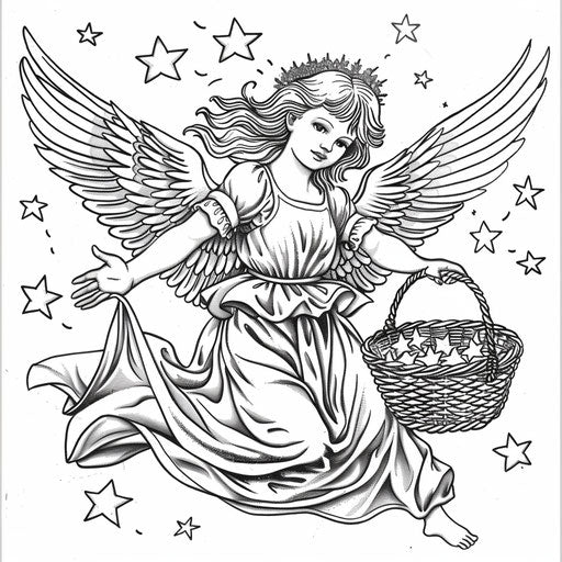 A playful angel holding a basket of stars, ready to scatter them.