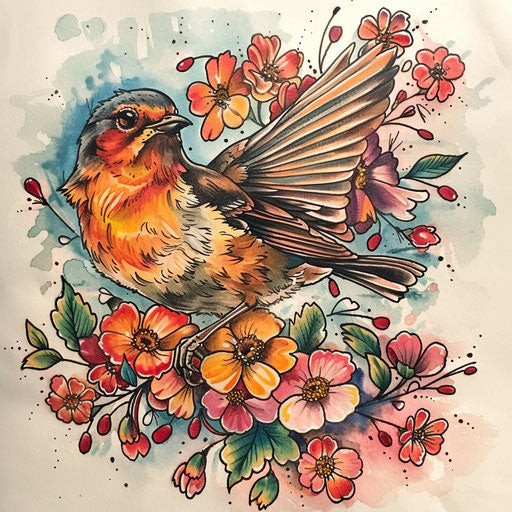 Vibrant flat tattoo sketch of a robin surrounded by a burst of spring flowers