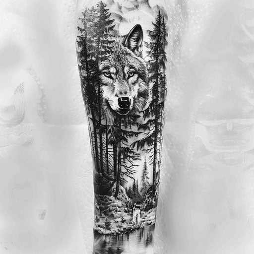 Tattoo sketch of a wolf and forest landscape, full sleeve for men