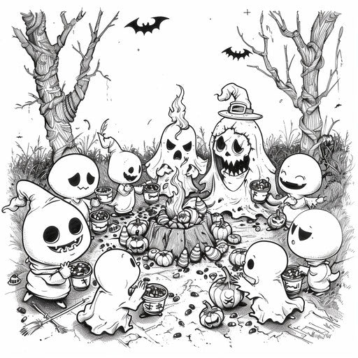 Ghosts and goblins gather candy corn. Coloring book page