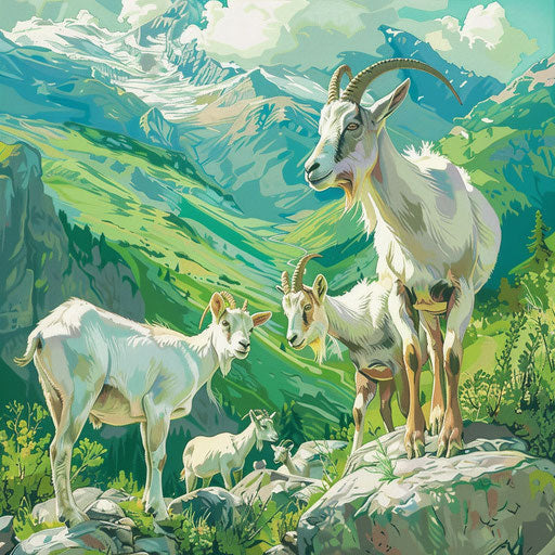 Mountain goats in a vibrant green valley
