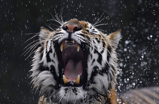 Tiger in the air, covered with water droplets in motion