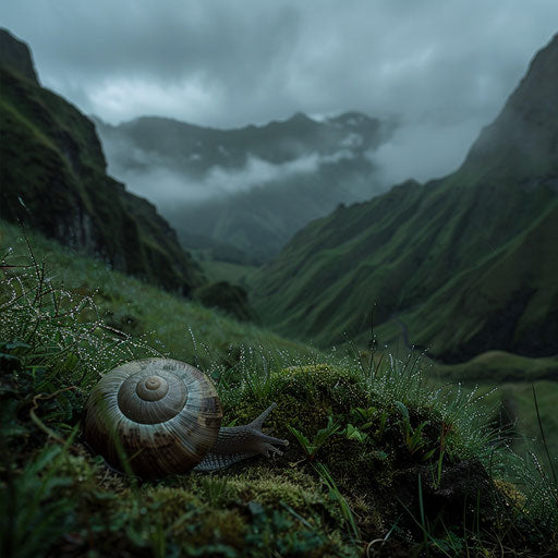 Natural contrast of a wolf snail against misty mountains