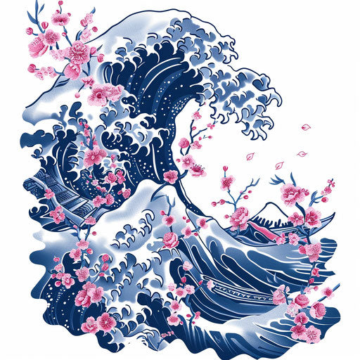Dynamic Japanese wave and cherry blossom tattoo, in blue and pink, on flat white background.