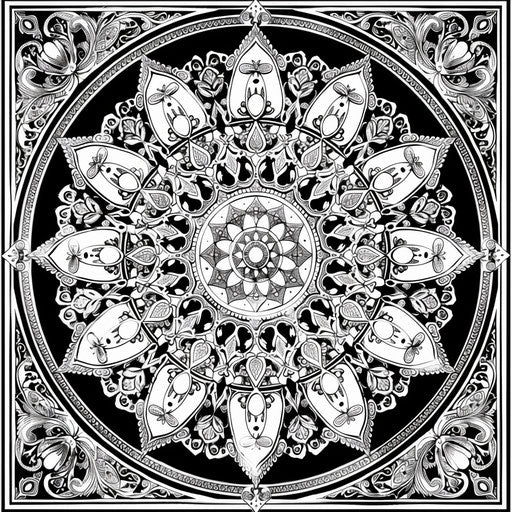 Detailed mandala with circular patterns. Coloring book page