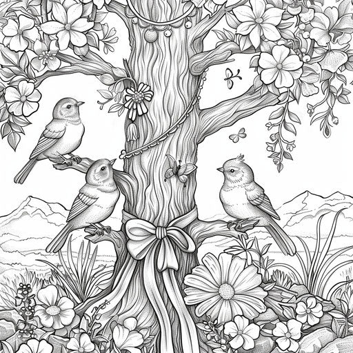 Birds decorating tree with ribbons and flowers