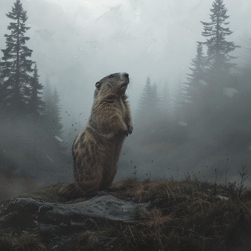 Groundhog in misty morning forest