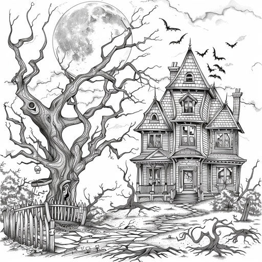 Haunted house on hill with spooky trees and full moon