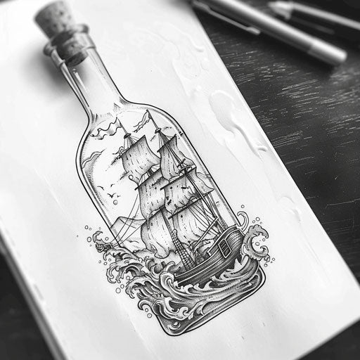 Drawing of a ship in a bottle with detailed waves