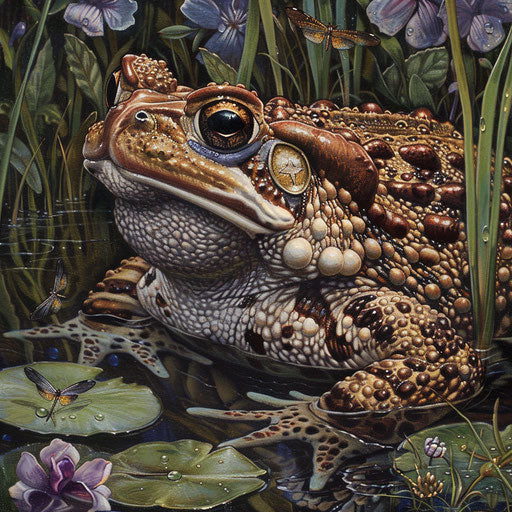 The serene gaze of a Western leopard toad blending into the water's edge, with dragonflies flitting about.