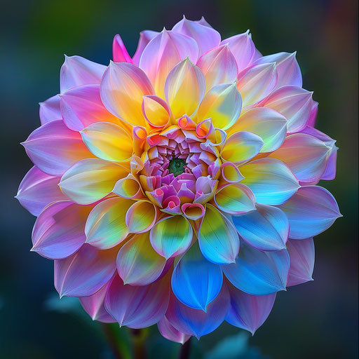 Dahlia with pink, yellow, red, and blue blooms and center, light yellow and dark bronze style