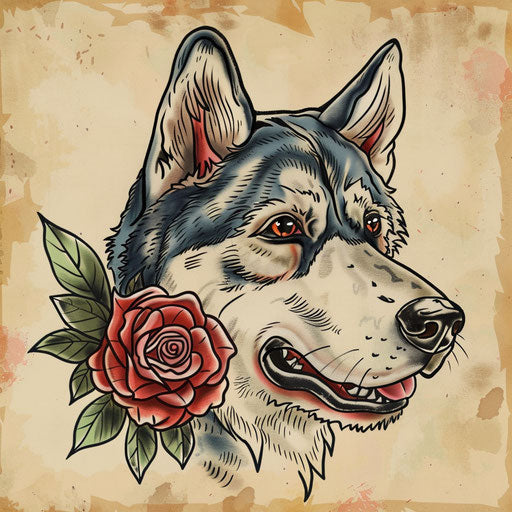 Old school flat tattoo sketch of a husky with a rose