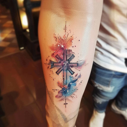 Strength cross tattoo with galaxy and celestial bodies