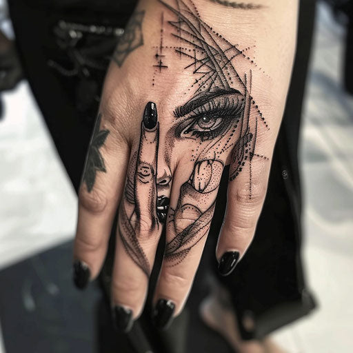 Finger tattoos for women in the style of Humberto Ramos with dynamic action scenes