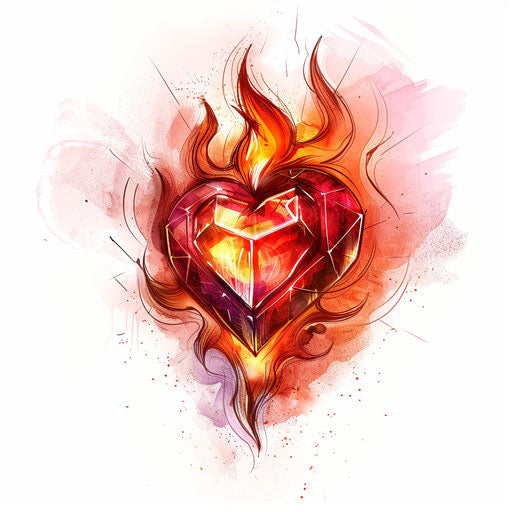 Dramatic tattoo sketch of a ruby heart engulfed in flames, clipart style