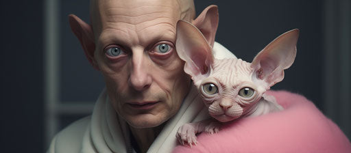 Man holding sphynx cat, deconstructive style, light pink and light maroon