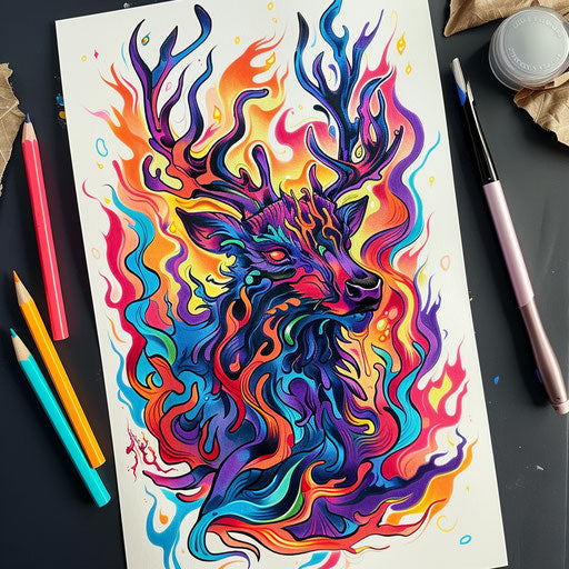 Dynamic flat tattoo sketch of a Wendigo surrounded by colorful ghostly flames