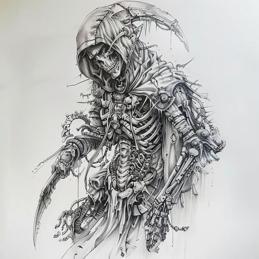 Biomechanical reaper tattoo with organic and mechanical parts intertwined