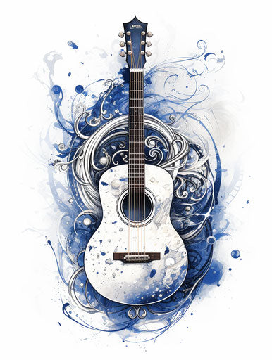 Drawing of acoustic guitar on white background, cosmic art style