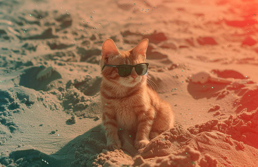 Cat in sunglasses on a futuristic beach