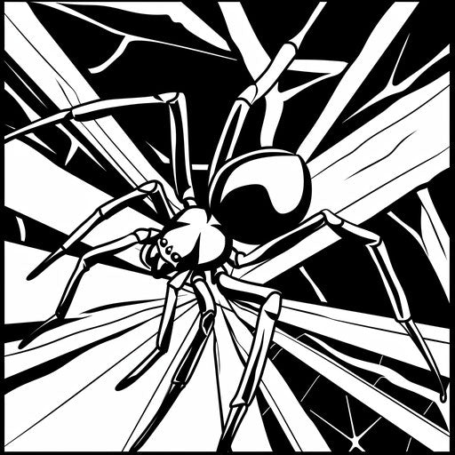 A black widow in a lively, expressive cartoon scene in the style of Walt Handelsman coloring book page