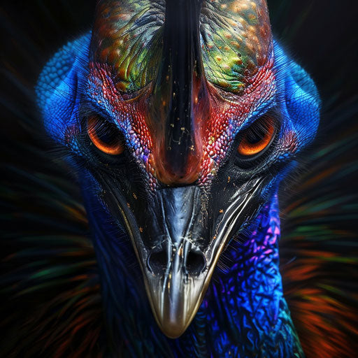 Close-up of cassowary with soft lighting, colorful feathers, in the style of Roeselien Raimond