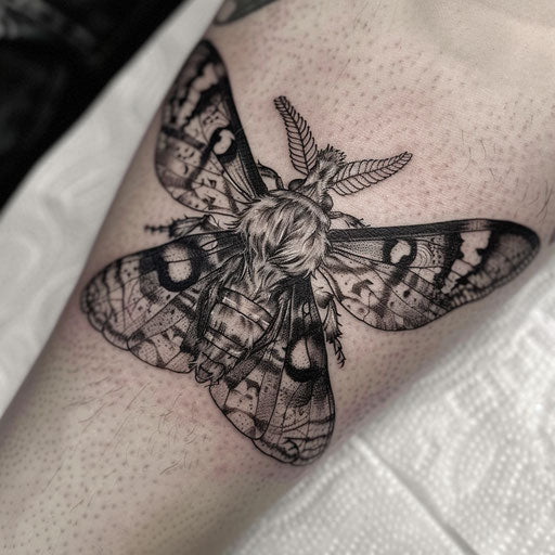 Hyper-realistic death moth tattoo art