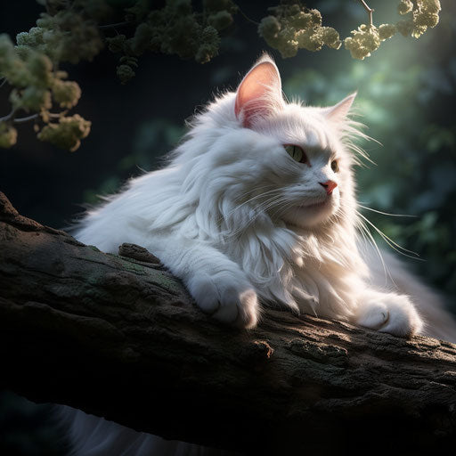 White cat lying on a tree branch