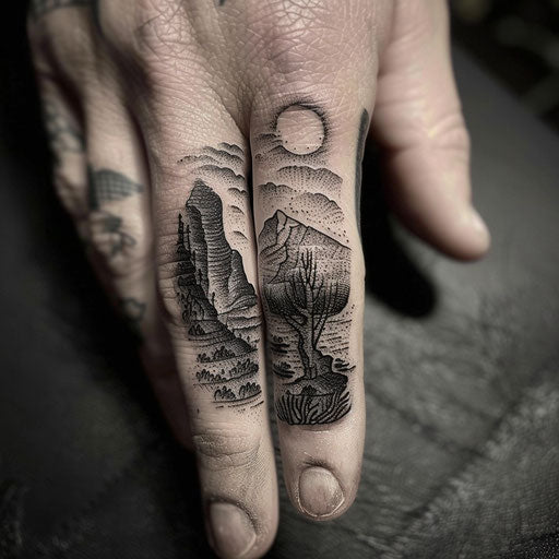 Finger tattoo depicting a surreal mini landscape
