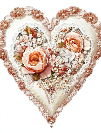 Valentine's Heart with Lace and Beads on White Background