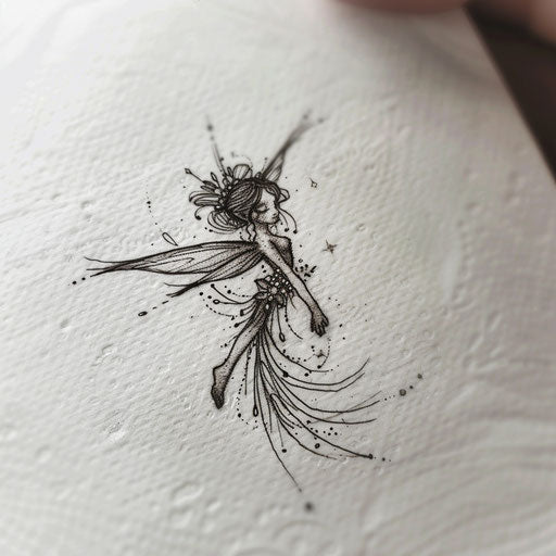 Tattoo design of pixie dust fairy, illustrated on white canvas