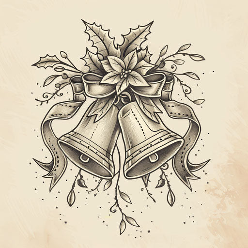 Flat tattoo sketch of wedding bells with a beautiful ribbon and holly