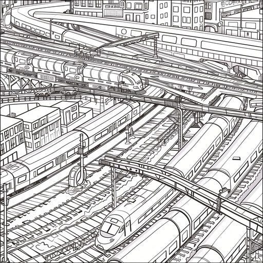 Detailed illustration of a train yard with tracks and trains. Coloring book page