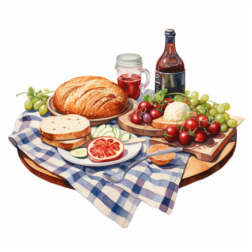 Picnic drawing in the style of oil painting, on white background