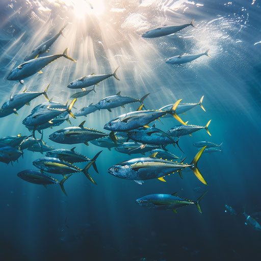 School of yellowfin tuna swimming under bright sunlight