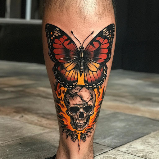 Butterfly tattoo for men on calf with flames and skulls