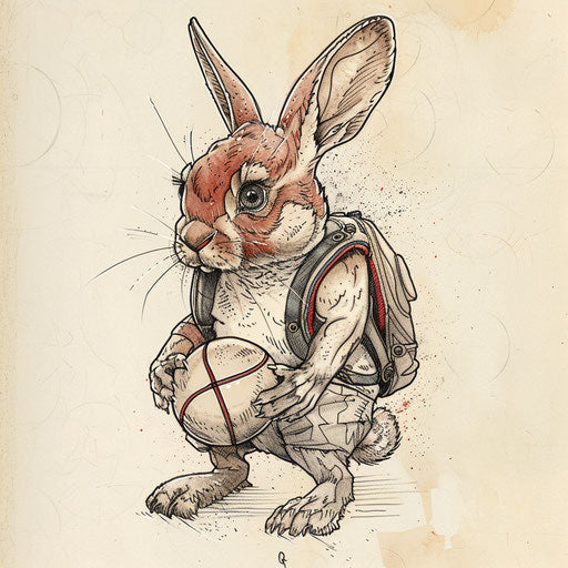 Flat tattoo sketch of a sporty bunny with athletic equipment in team colors