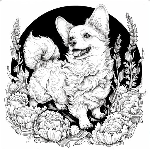 Detailed illustration of a corgi with a fluffy tail and perky ears.
