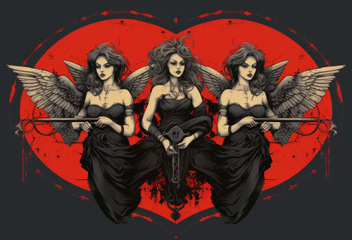Three angels holding red heart with hearts, classic tattoo style