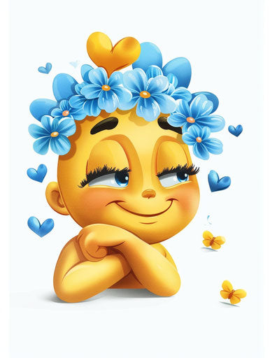 Yellow smiley face with blue hearts, surrounded by butterflies