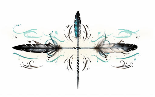 Two arrows crossing with feathers on white background,tattoo style, light teal and black