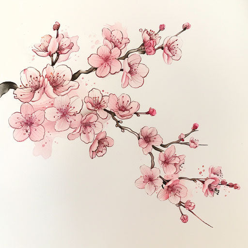 Elegant flat tattoo sketch of a cherry blossom branch in pink