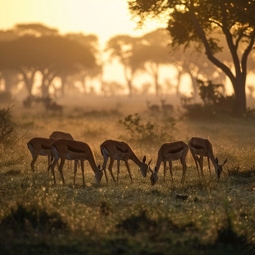 Serene morning in the Serengeti with gazelles drinking from a dewy grassland