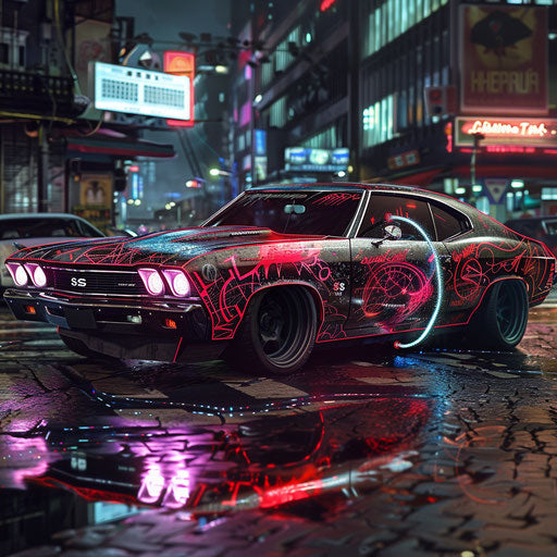 1969 Chevrolet Chevelle SS cyberpunk with digital graffiti