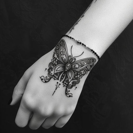 Spiritual tattoos of a butterfly with mandalas, in the style of Maria Sibylla Merian, on the wrist