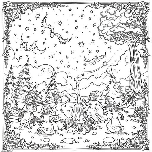 Elves dancing around campfire under starry sky
