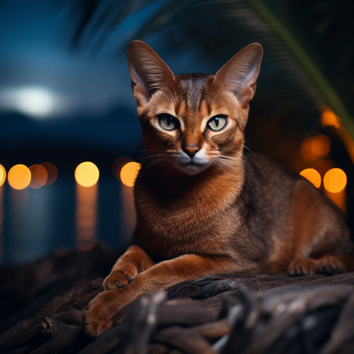 Abyssinian cat resting outside at night